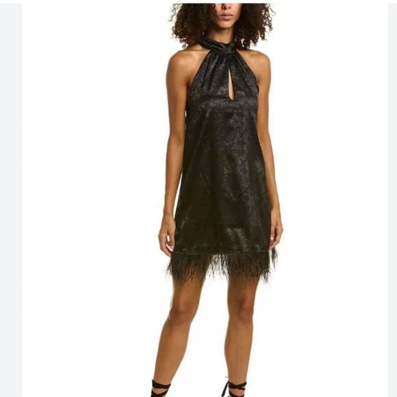 NWT WAYF Floral Jacquard Halter Neck Feather Trim Mini Dress Size Medium - Picture 1 of 5
